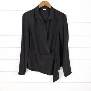 Poetry Silk Asymmetric Wrap Button Long Sleeve Blouse Charcoal Gray 10